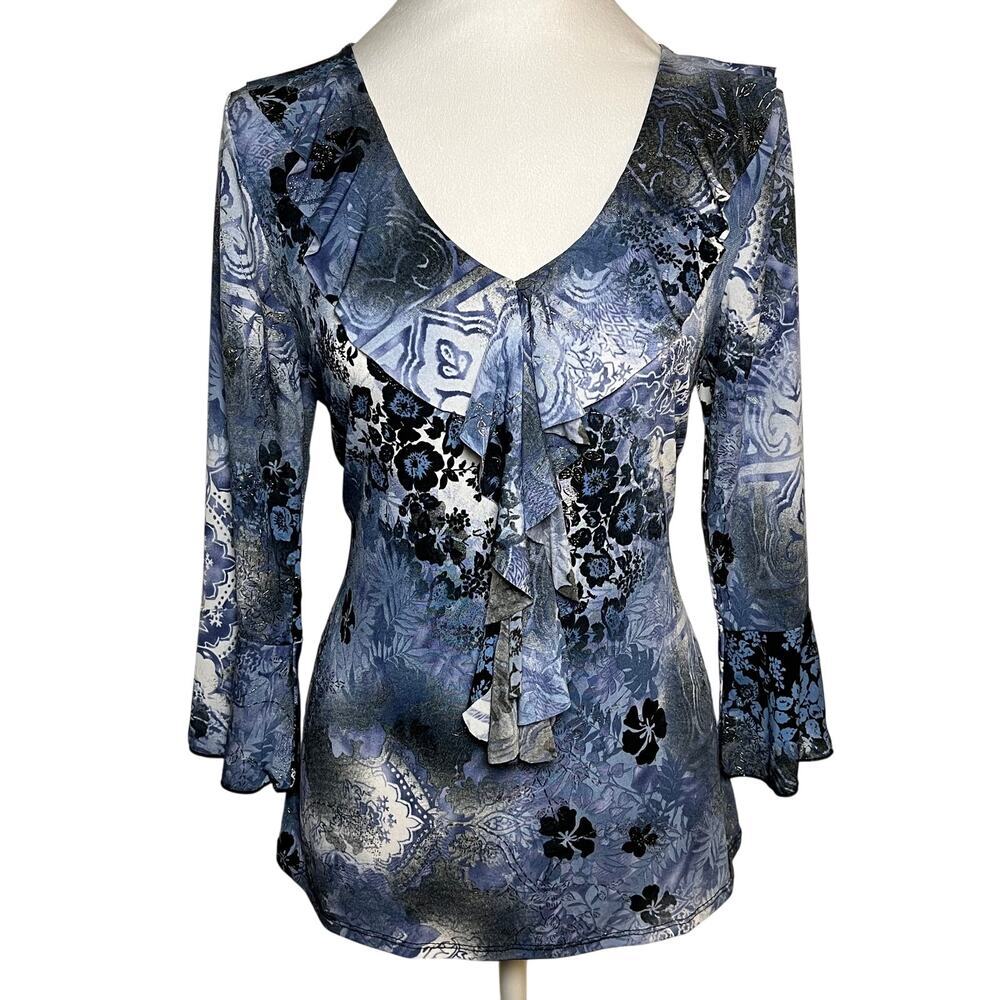 Y2K Fairy Ruffle Blouse Blue White‎ Size Small Office Business Casual 90s Boho